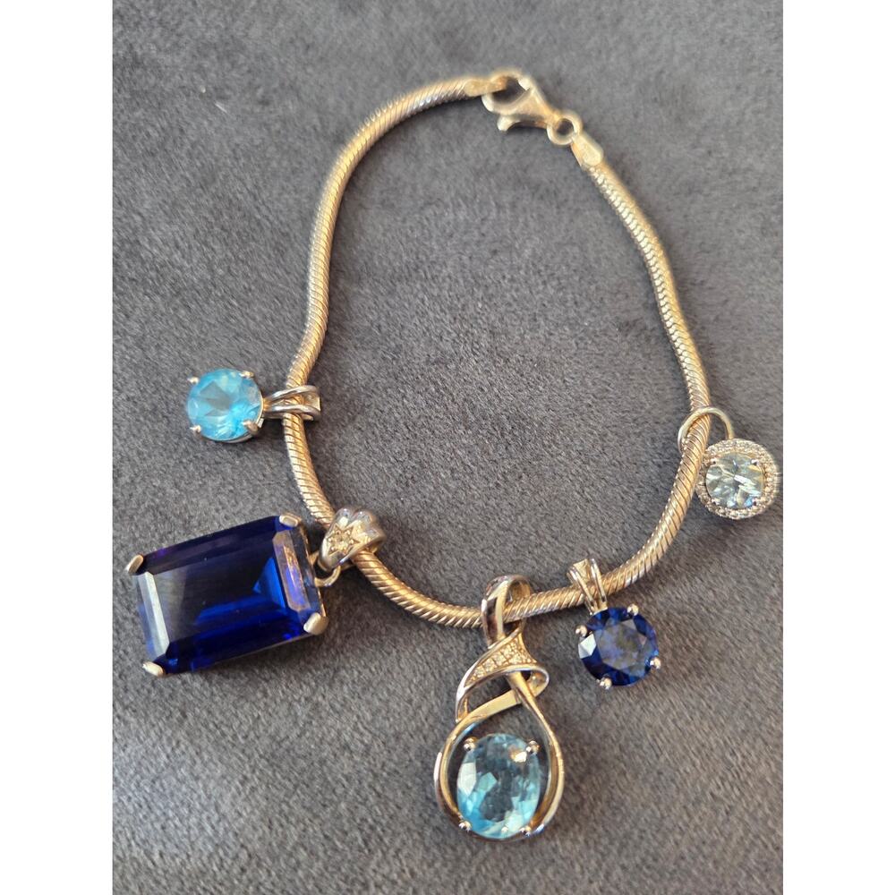 Italian Cable Design Sterling Silver Bracelet Aquamarine Blue Topaz Pendants